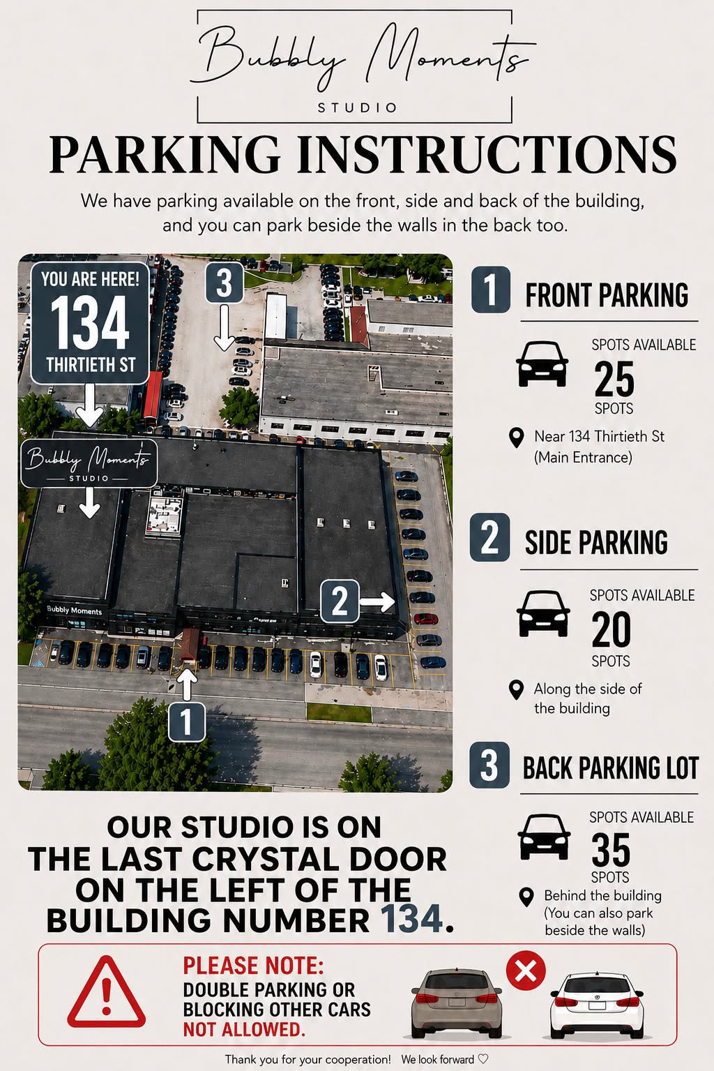 Parking map for Bubbly Moments Studio at 134 Thirtieth Street showing front, side, and back parking areas